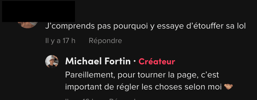 Commentaire sur TikTok.