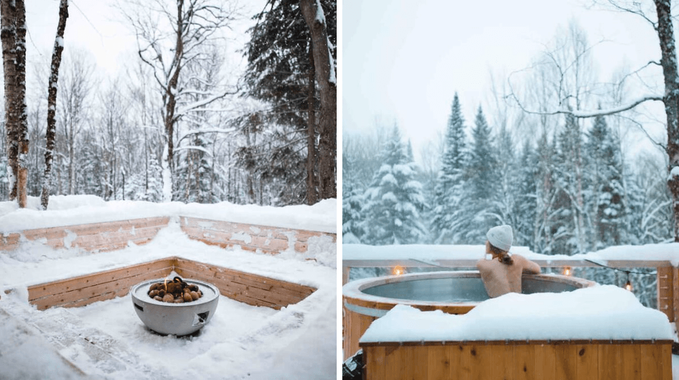 Foyer ext\u00e9rieur du Airbnb Le Hygge \u00e0 Lac-Beauport. Droite : Spa ext\u00e9rieur du Airbnb Le Hygge \u00e0 Lac-Beauport.