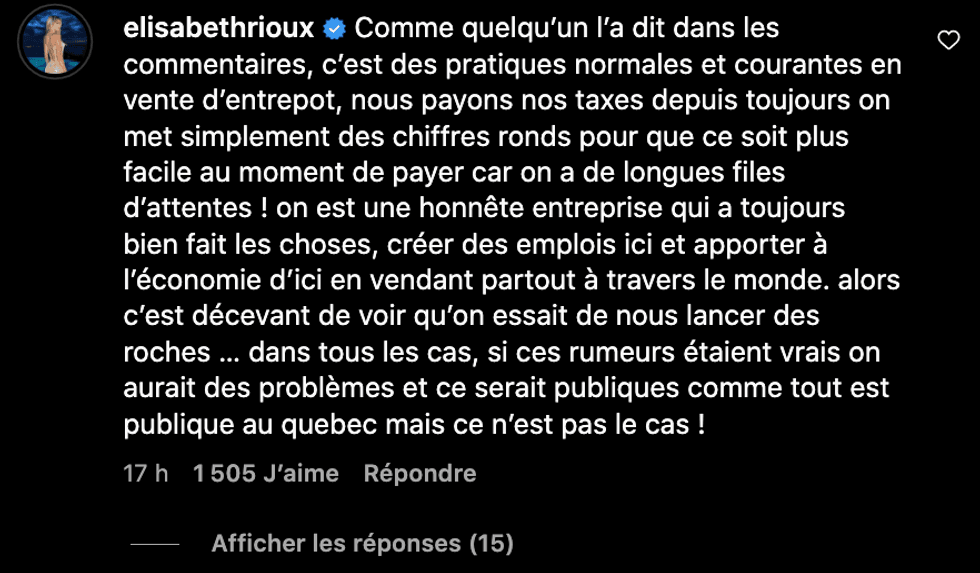 \u00c9lisabeth Rioux r\u00e9pond \u00e0 un article concernant sa compagnie.