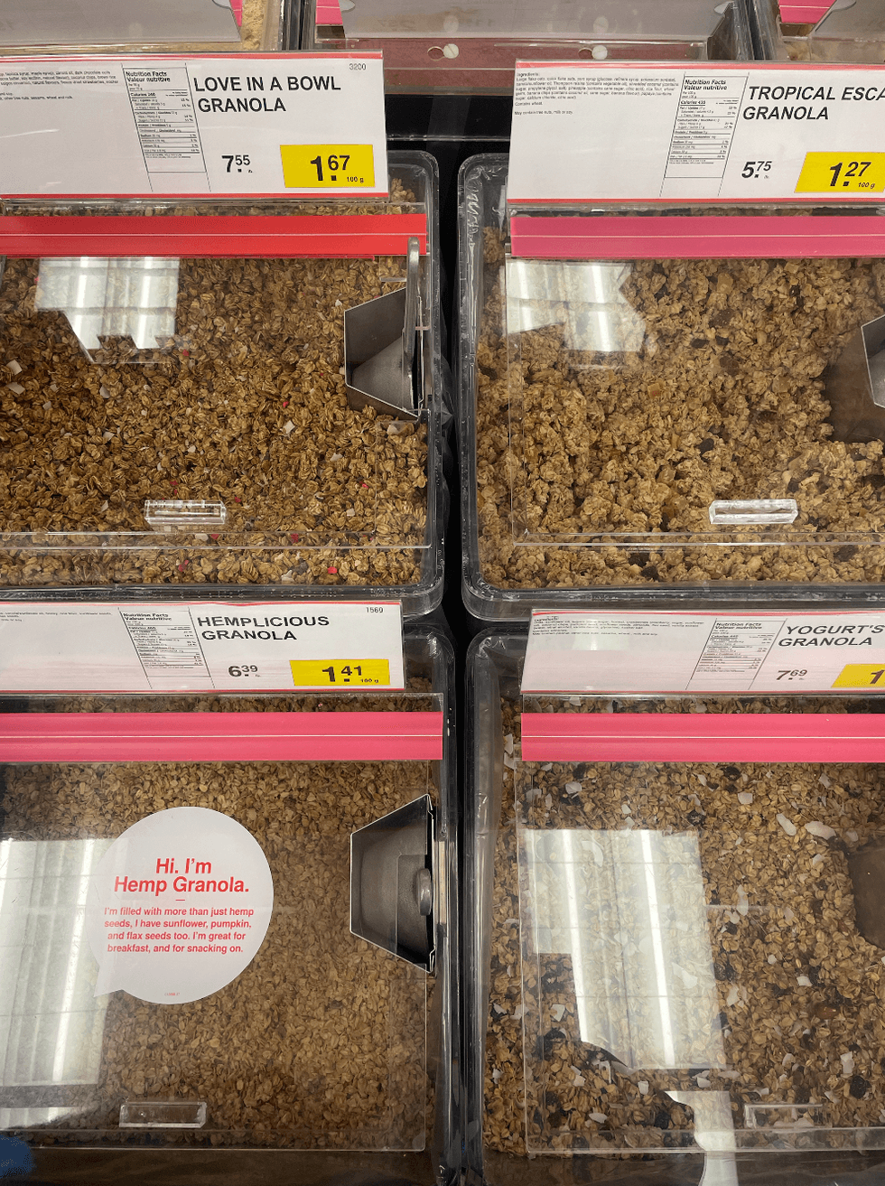 Some of the granola options at Bulk Barn.