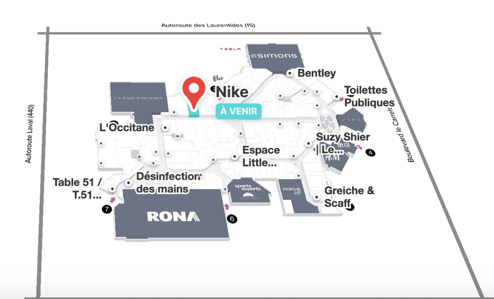 Plan du Carrefour Laval : Emplacement de la nouvelle boutique Nike.