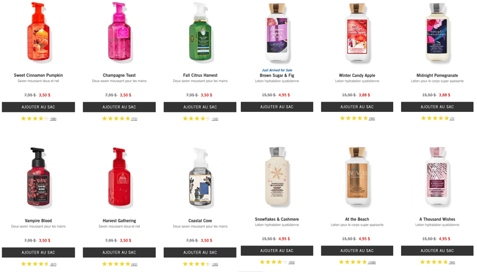 Savons \u00e0 main et cr\u00e8mes corporelles Bath & Body Works.