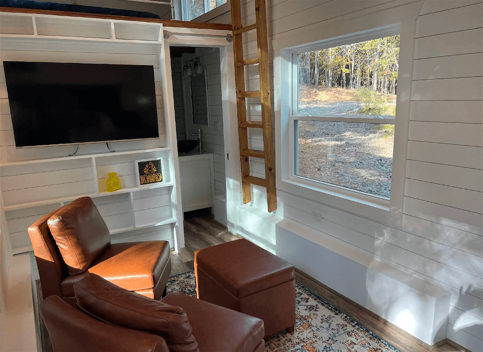 The living room inside the modern tiny home in Warrior, AL.
