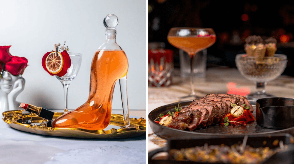 "Head Over Heels" cocktail. Right: The Wagyu Tomahawk.