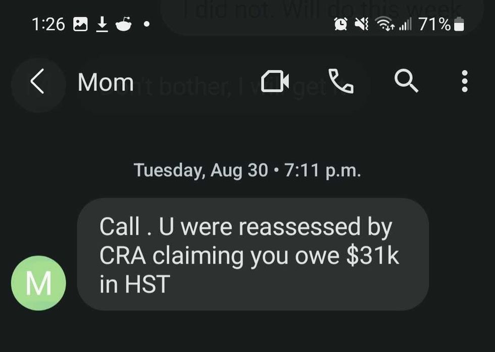 A text from Sarah's mom telling her she owes the CRA $31K.