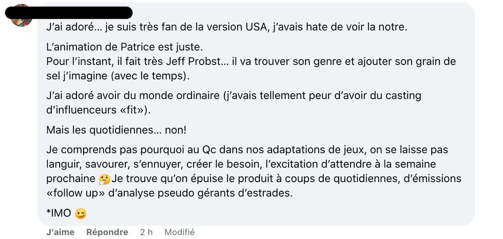 R\u00e9actions suite \u00e0 la 1re de Survivor Qu\u00e9bec.