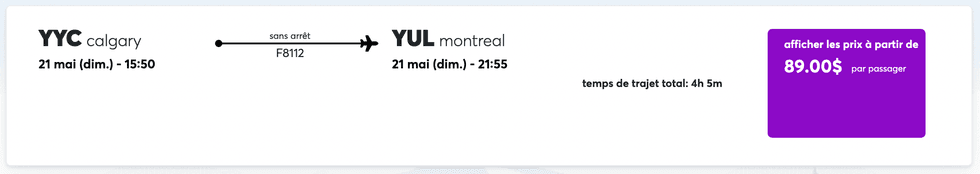 Capture d'\u00e9cran des offres sur Flair Airlines.