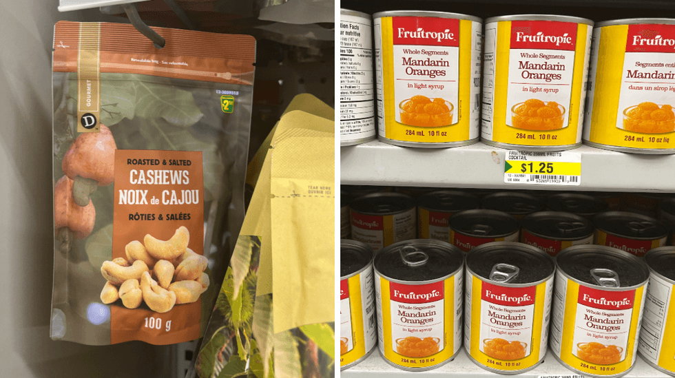 A bag of roasted cashews. Right: Canned mandarin orange slices.