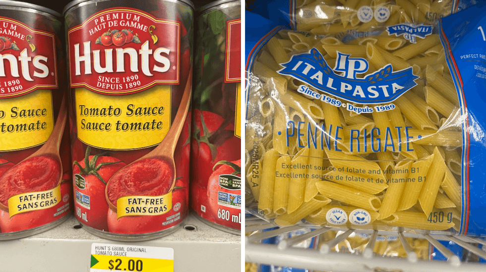 \u200bCanned tomato sauce. Right: A bag of dried penne pasta.