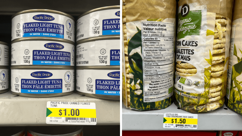 \u200bA stack of canned tuna fish. Right: Bags of corn cakes.