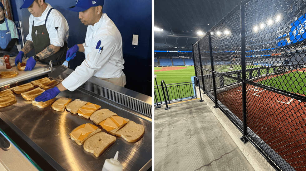 Stadium staff preparing three-cheese grilled cheeses. Right: The view from the 100 level near the visitor's bullpen.