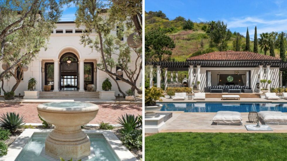 Drake's LA mansion entrance. Right: Dake's LA Mansion pool.