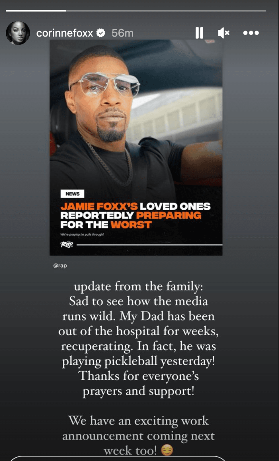 Corrine Foxx's statement on her dad's health.