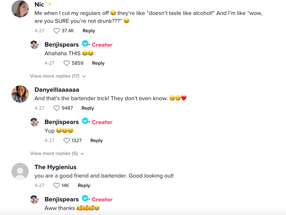 The comment section on the bartender's viral TikTok.