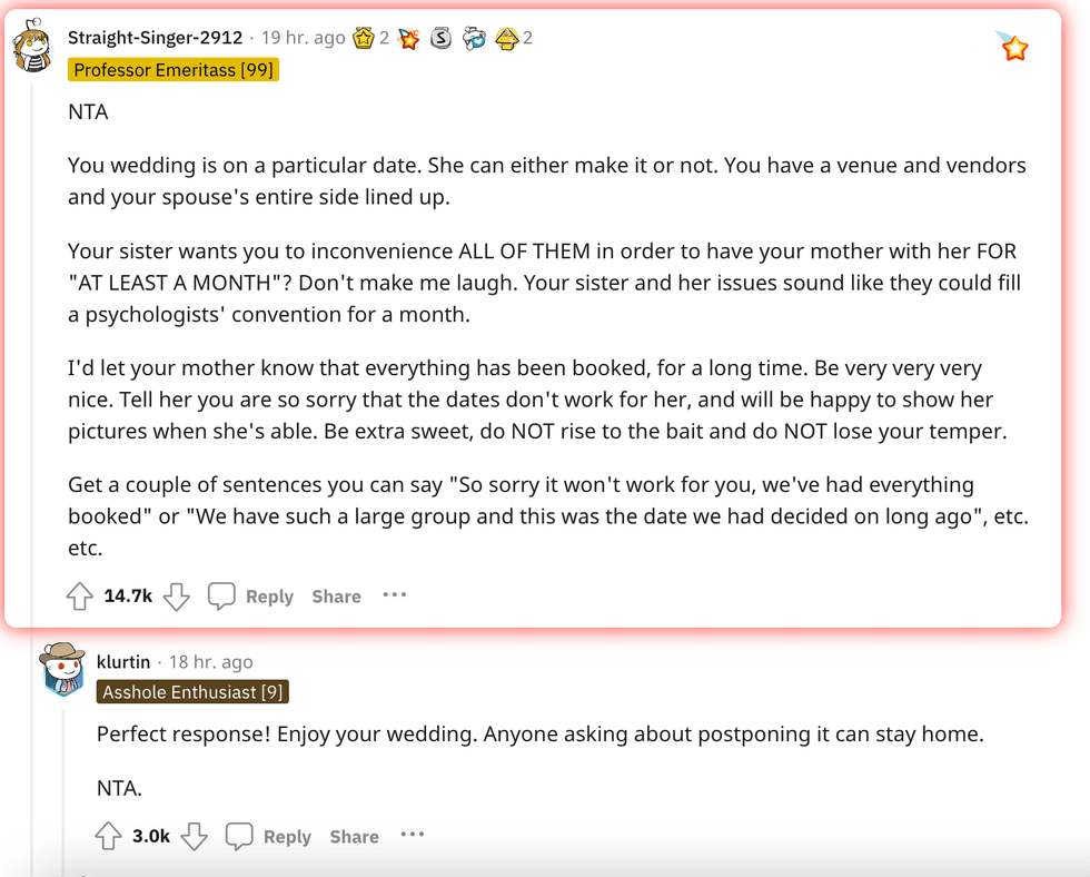 A part of the Reddit thread about postponing the wedding.