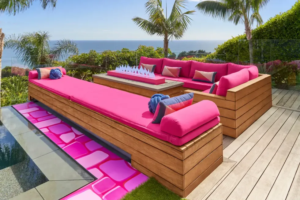A hot pink outdoor seating area