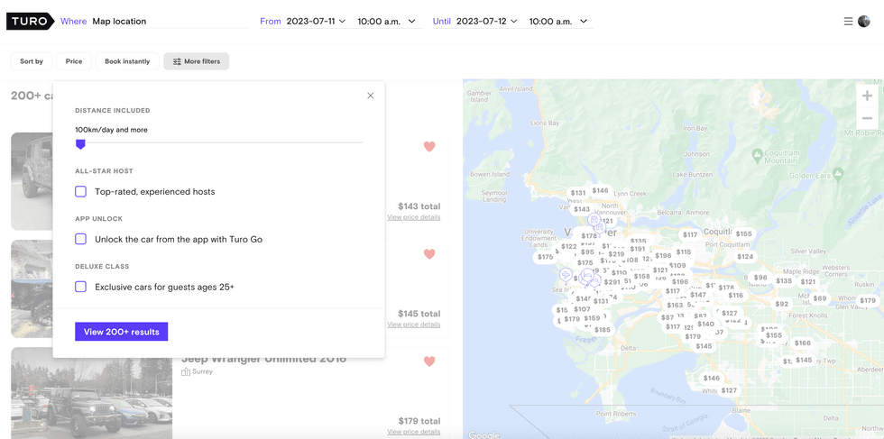 Turo website, map of Vancouver.