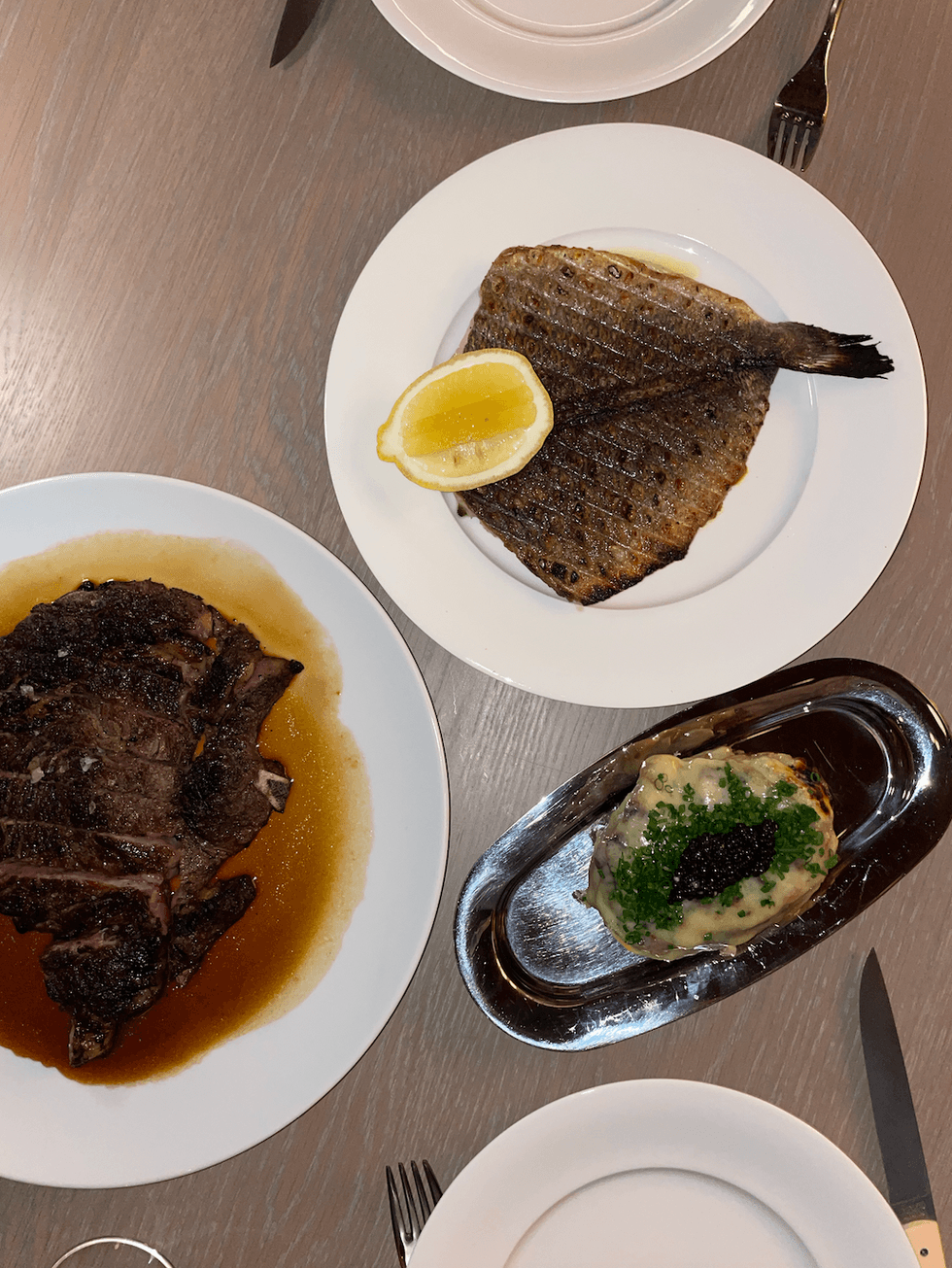 Rib eye, Daphne potato and sea bream.
