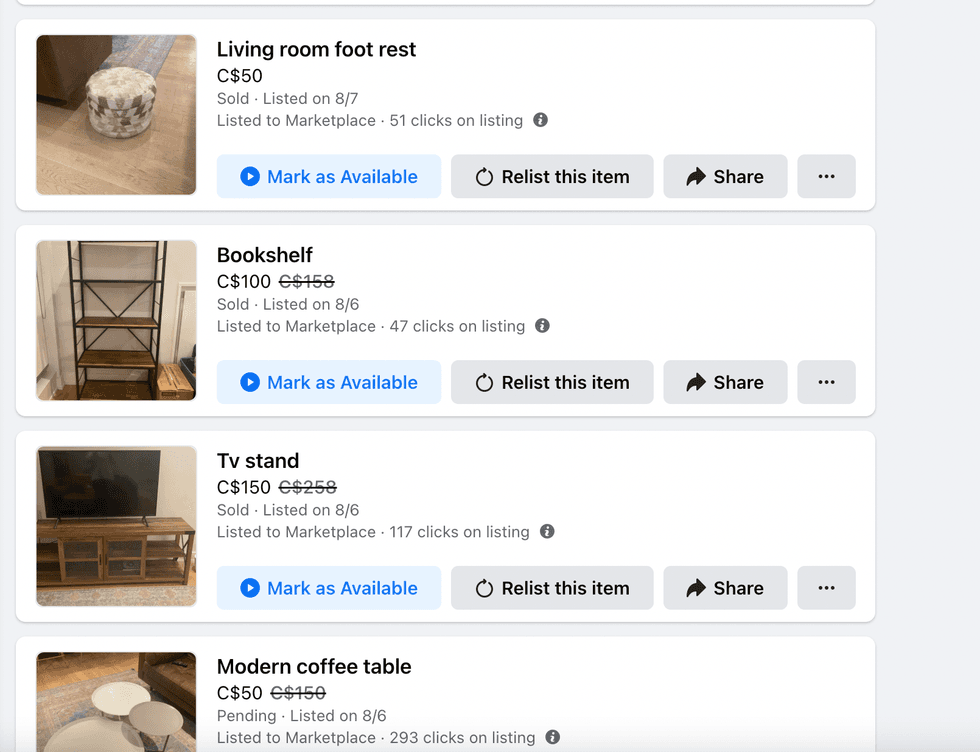 Facebook marketplace listings.