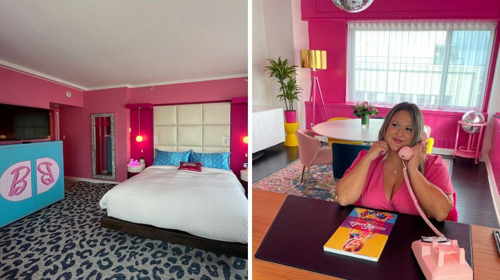 Deuxi\u00e8me chambre de Barbie dans la suite. Droite : Salle \u00e0 manger et bureau de Barbie.