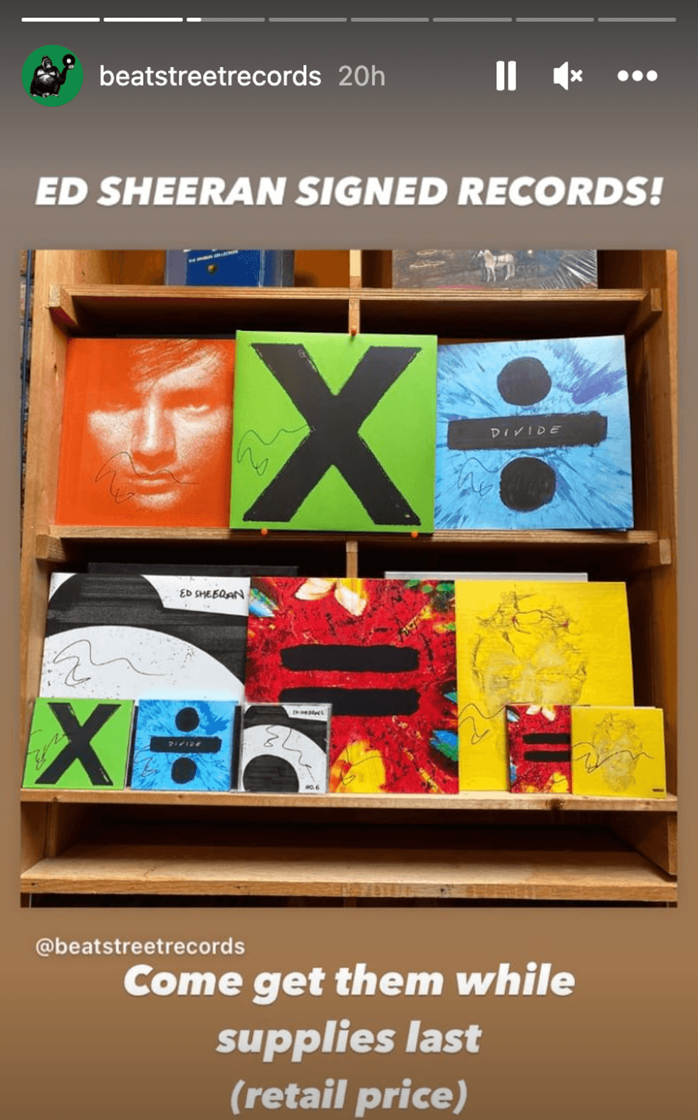 A photo of the albums Ed Sheeran signed at a Vancouver record store.