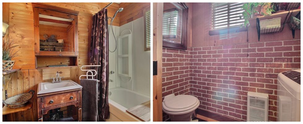 Salle de bain d'un chalet \u00e0 vendre au Qu\u00e9bec. Droite : Salle d'eau d'un chalet \u00e0 vendre au Qu\u00e9bec.