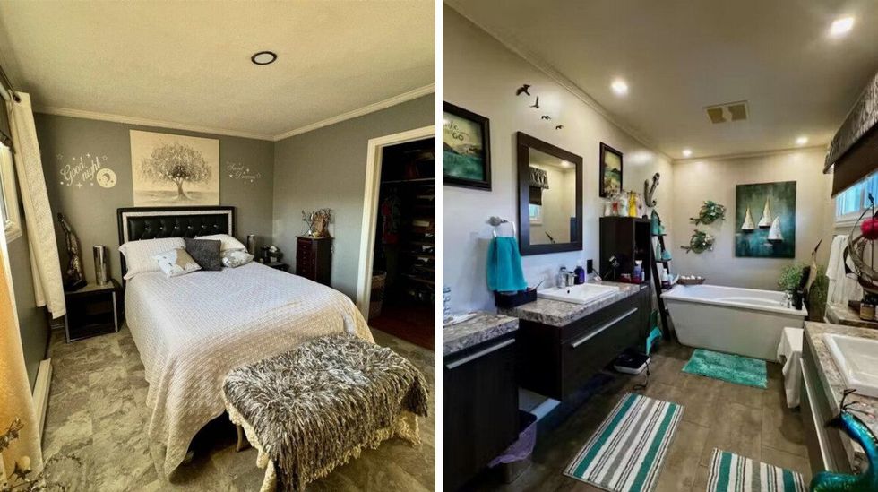 The primary bedroom and ensuite bathroom of Toronto's cheapest house for sale.